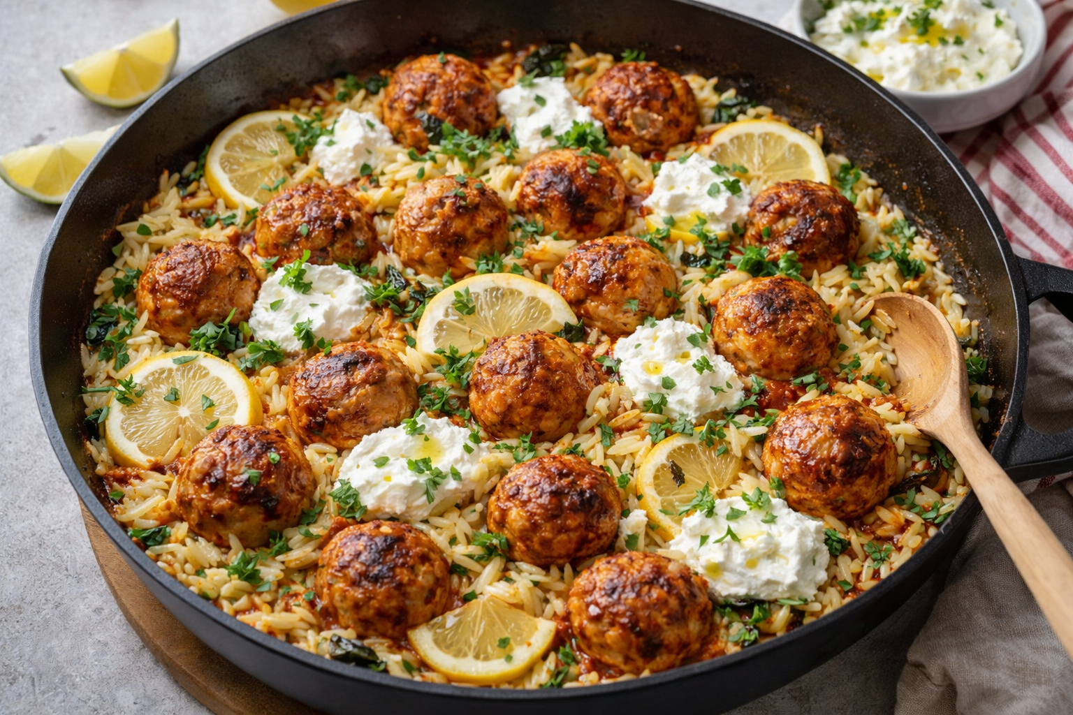 One-Pan Harissa Chicken Meatballs with Lemon Orzo & Whipped Feta | Healthy Dinner