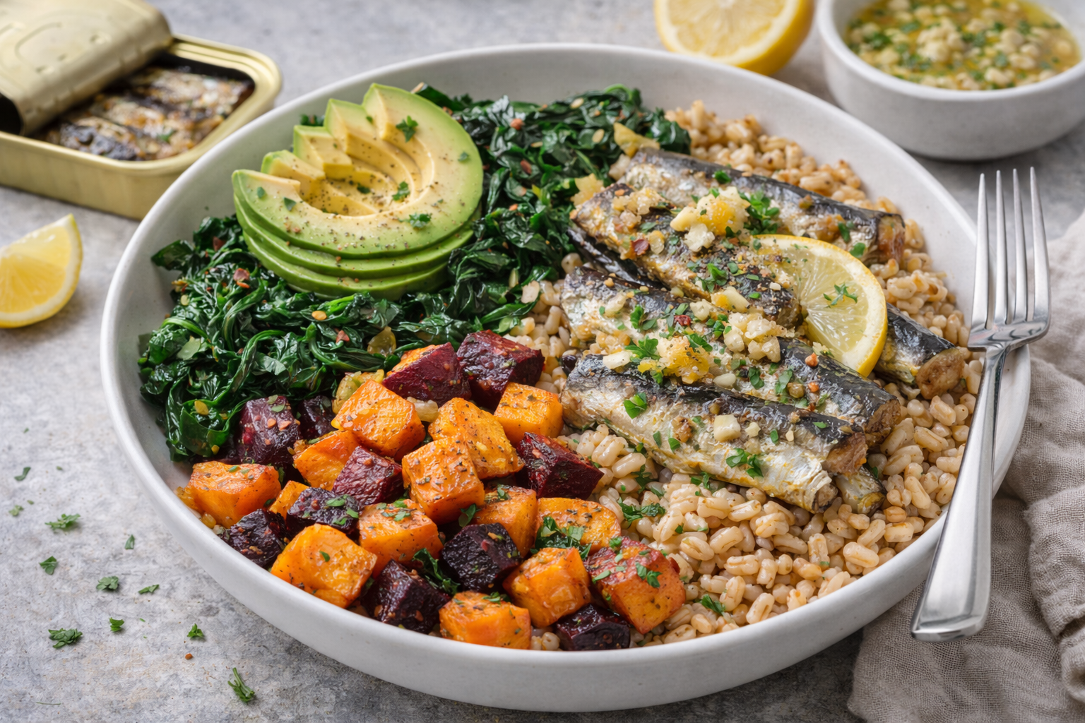 Winter Warm Farro Bowl with Lemon-Garlic Sardines