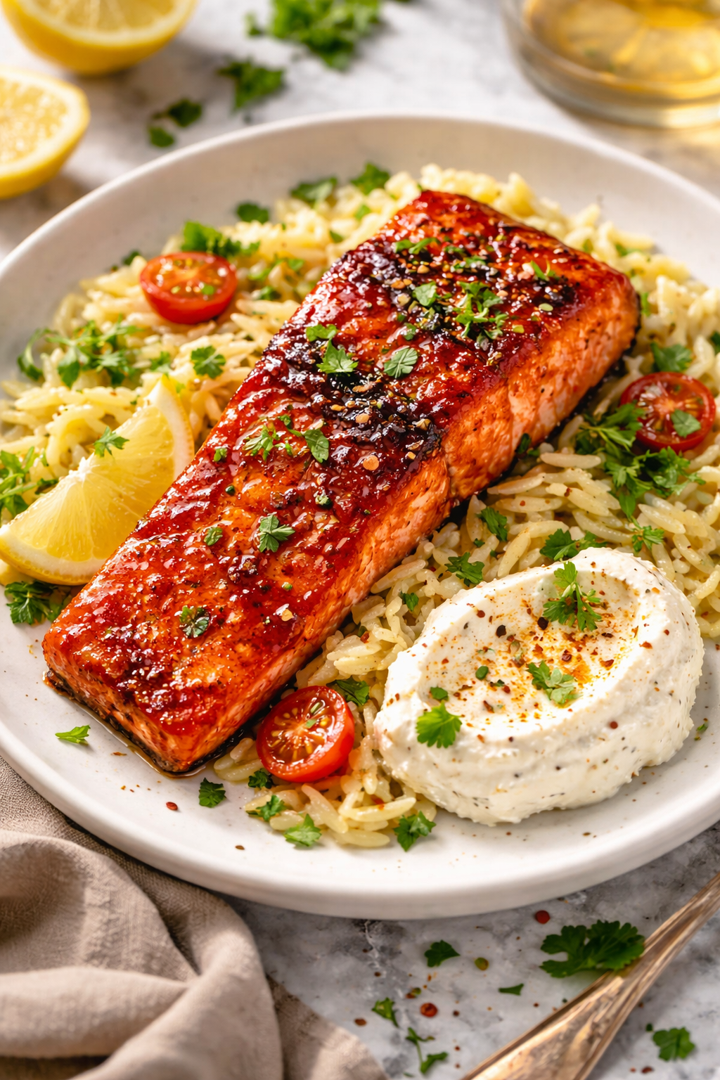 Harissa-Honey Glazed Salmon with Lemon-Herb Orzo & Whipped Feta