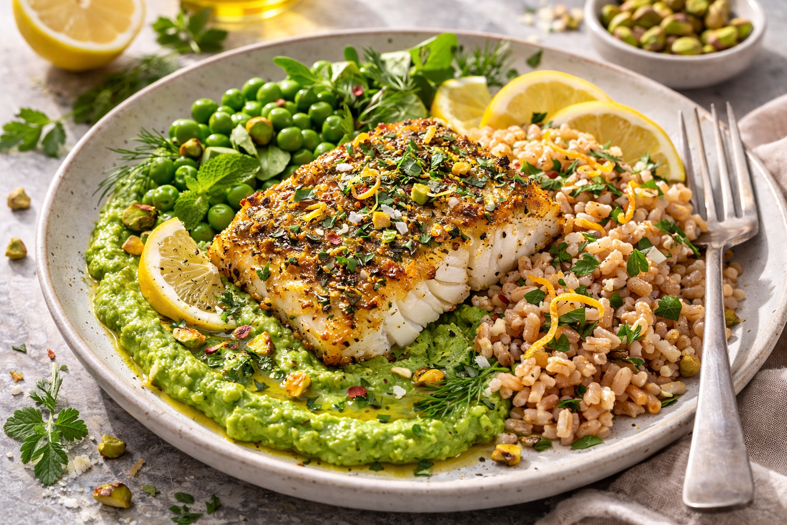 Spring Herb-Crusted Cod with Pea-Pistachio Purée & Lemon Farro