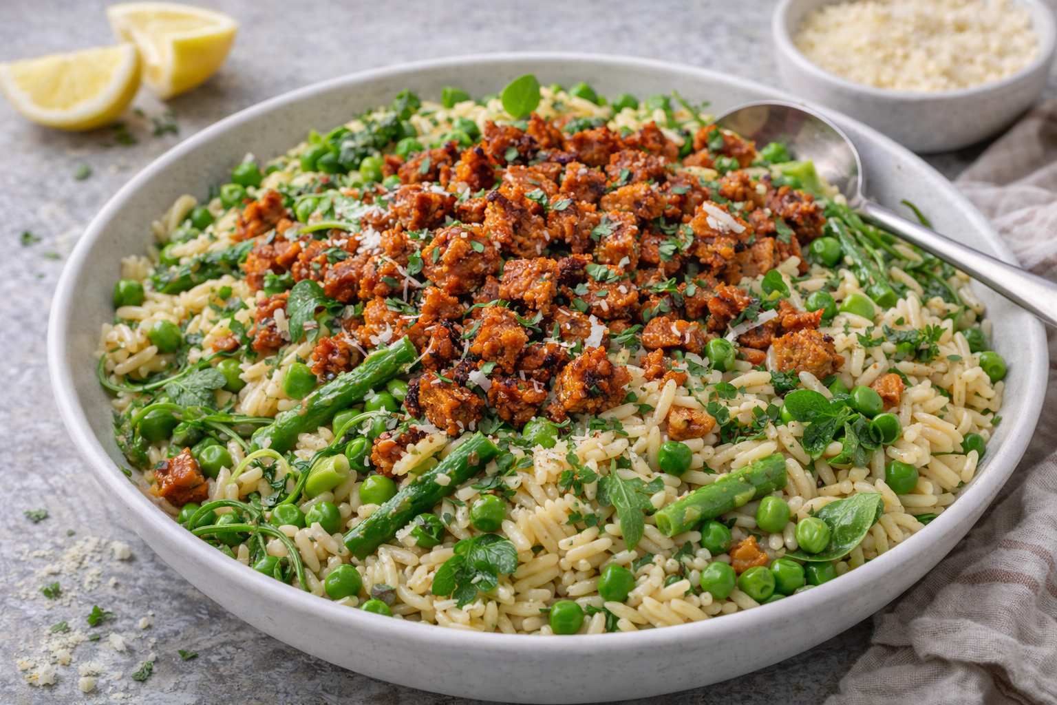 Smoky Tempeh & Spring Vegetable Risoni