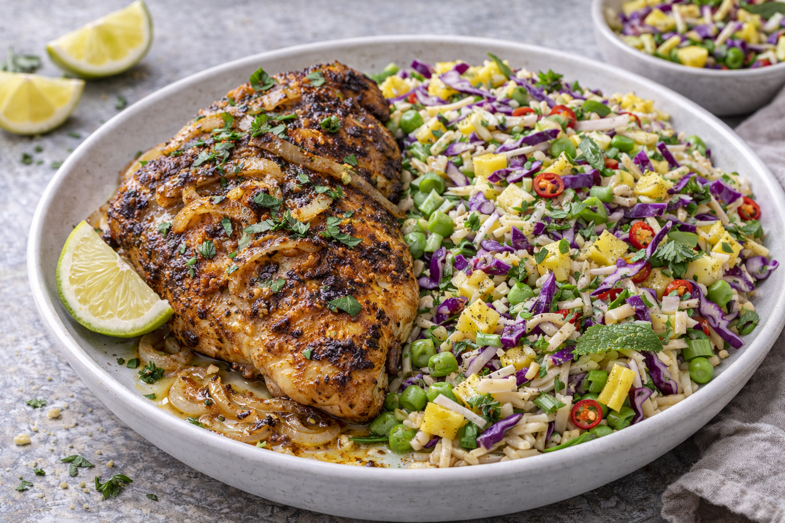 Grilled Yassa-Spiced Chicken with Pineapple-Cabbage Slaw