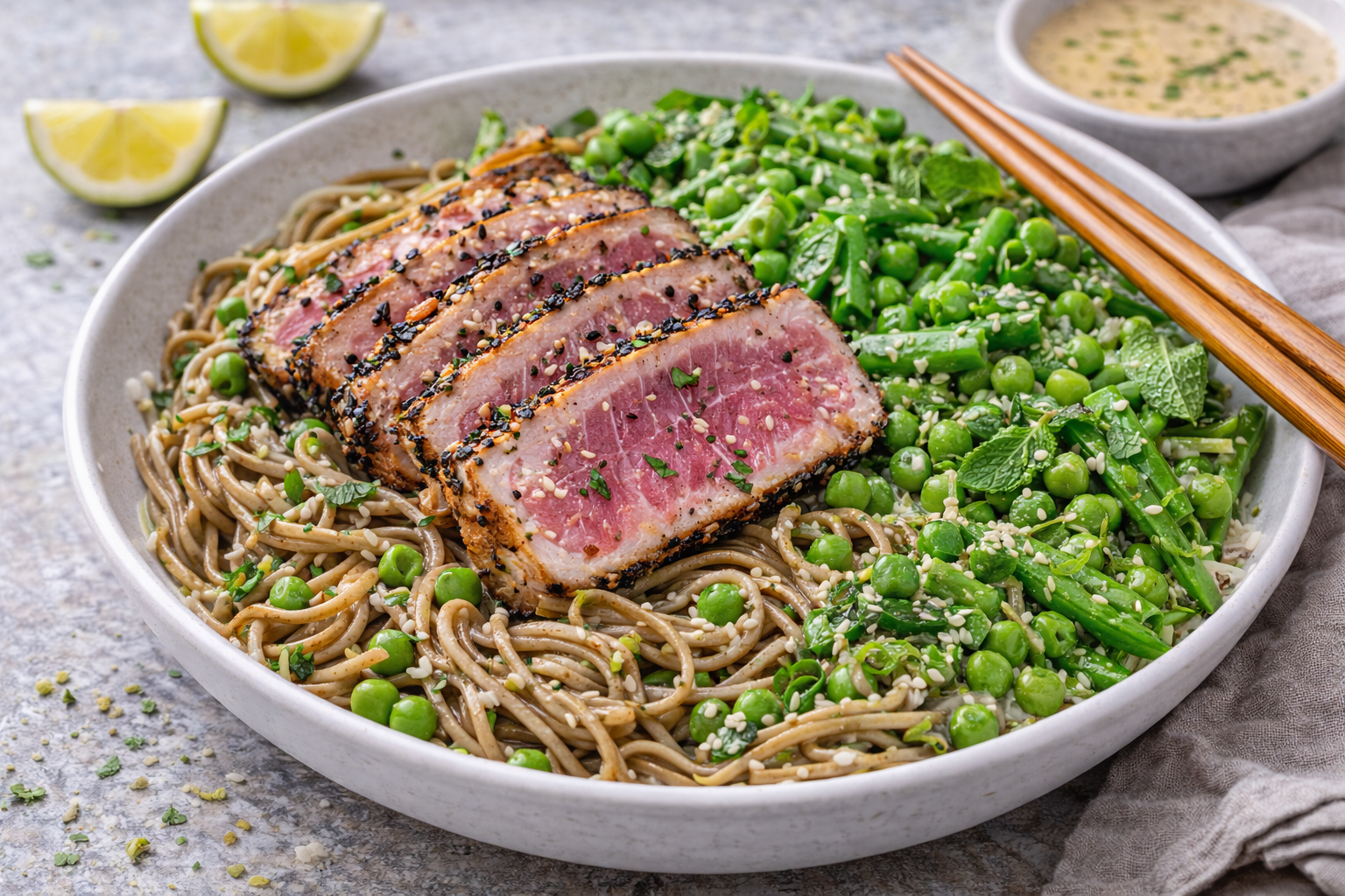 Charred Miso-Lime Tuna with Sesame Soba & Spring Pea-Mint Salad